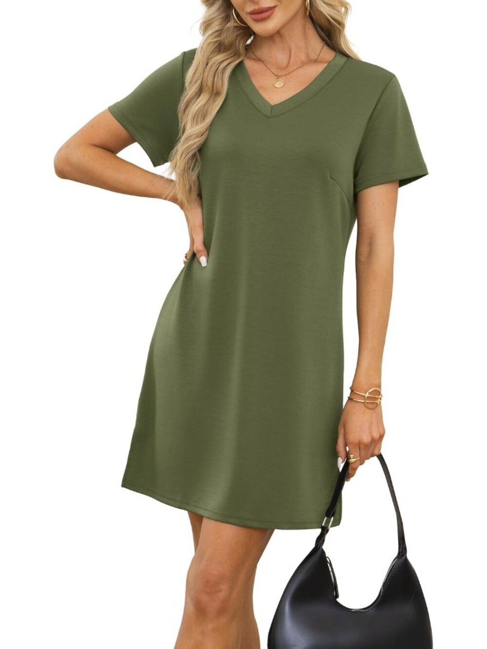 〽️Women's Army Green V Neck Casual Summer Sundress Imported Pull On T Shirt